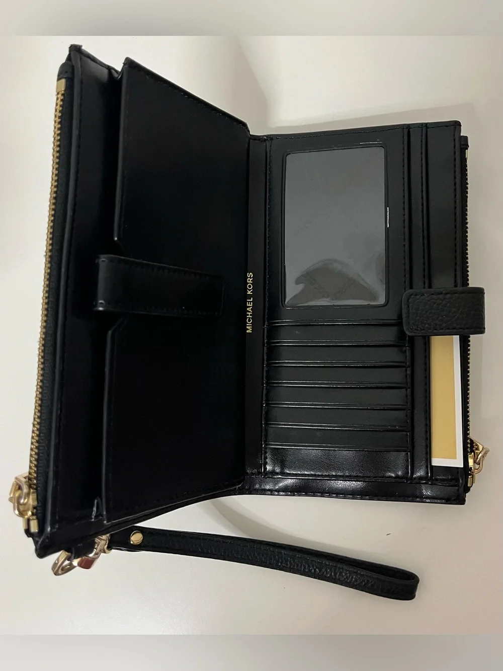 Michael Kors Black Leather Wristlet Wallet with Gold Hardware